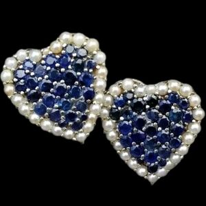 14k Gold Sapphire Pearl Heart Earrings Large